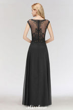 Elegant Jewel Sleeveless floor-Length A-line Lace Black Bridesmaid Dress