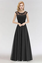 Elegant Jewel Sleeveless floor-Length A-line Lace Black Bridesmaid Dress