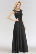 Elegant Jewel Sleeveless floor-Length A-line Lace Black Bridesmaid Dress