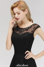 Elegant Jewel Sleeveless floor-Length A-line Lace Black Bridesmaid Dress