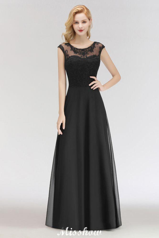 Elegant Jewel Sleeveless floor-Length A-line Lace Black Bridesmaid Dress