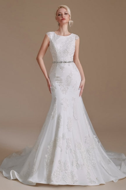 Elegant Jewel Ärmelloses Meerjungfrau Bodenlanges Satin Brautkleid mit Spitze