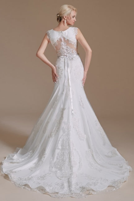 Elegant Jewel Ärmelloses Meerjungfrau Bodenlanges Satin Brautkleid mit Spitze