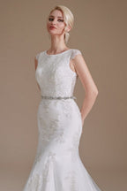 Elegant Jewel Ärmelloses Meerjungfrau Bodenlanges Satin Brautkleid mit Spitze