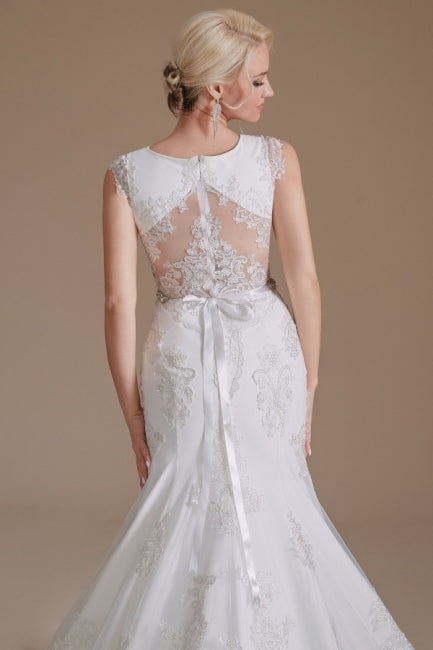 Elegant Jewel Ärmelloses Meerjungfrau Bodenlanges Satin Brautkleid mit Spitze