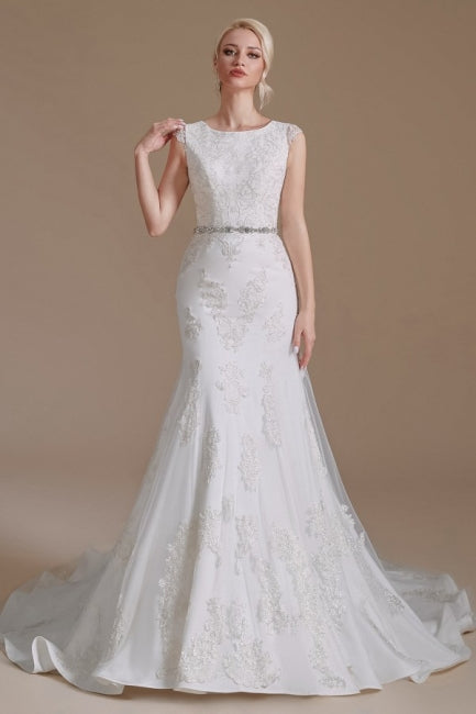 Elegant Jewel Ärmelloses Meerjungfrau Bodenlanges Satin Brautkleid mit Spitze