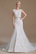 Elegant Jewel Ärmelloses Meerjungfrau Bodenlanges Satin Brautkleid mit Spitze