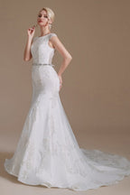 Elegant Jewel Ärmelloses Meerjungfrau Bodenlanges Satin Brautkleid mit Spitze