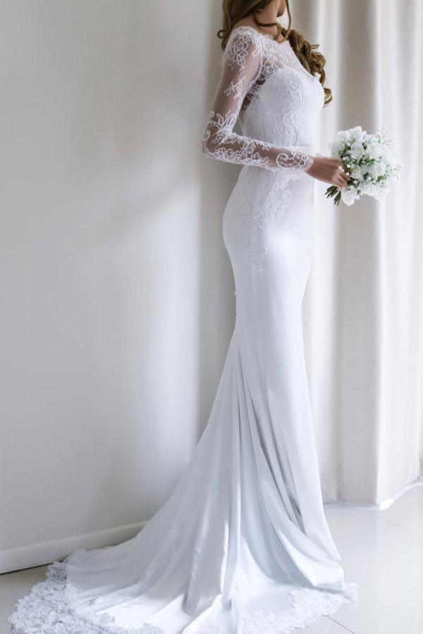 Elegantes langes weißes Meerjungfrau-Brautkleid mit Spitze, langen Ärmeln und Schleppe