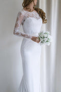 Elegantes langes weißes Meerjungfrau-Brautkleid mit Spitze, langen Ärmeln und Schleppe