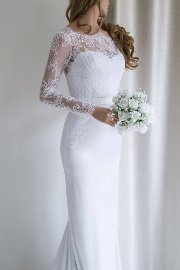 Elegantes langes weißes Meerjungfrau-Brautkleid mit Spitze, langen Ärmeln und Schleppe