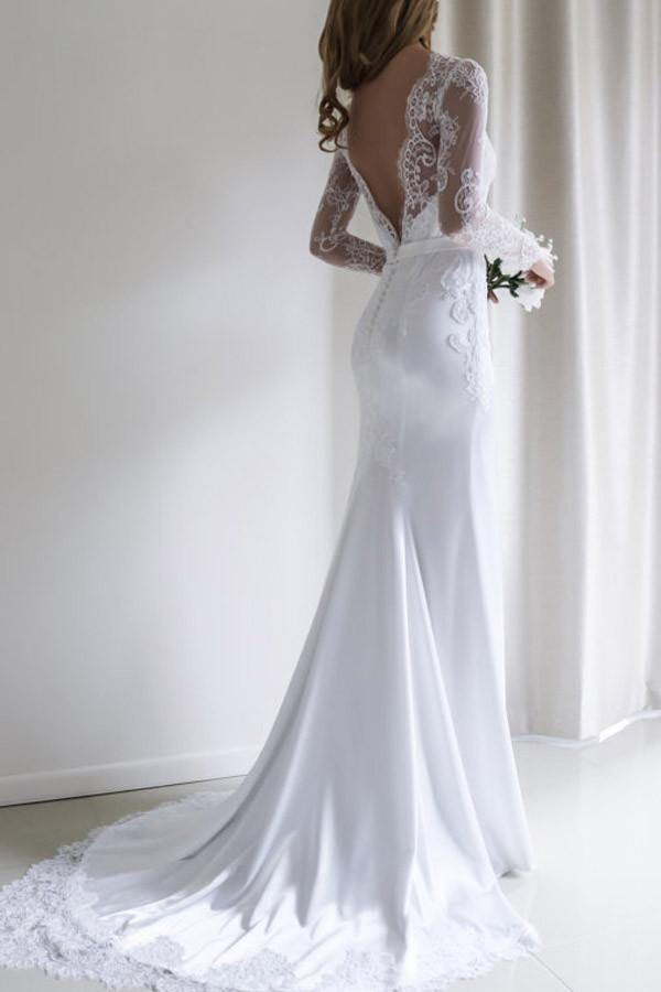 Elegantes langes weißes Meerjungfrau-Brautkleid mit Spitze, langen Ärmeln und Schleppe