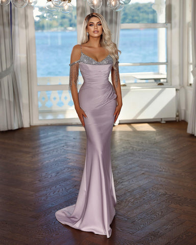 Elegant Long Spaghetti Straps Mermaid Satin Evening Dress with Sequins Tassel