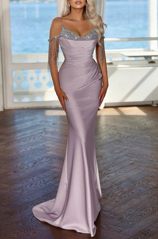 Elegant Long Spaghetti Straps Mermaid Satin Evening Dress with Sequins Tassel