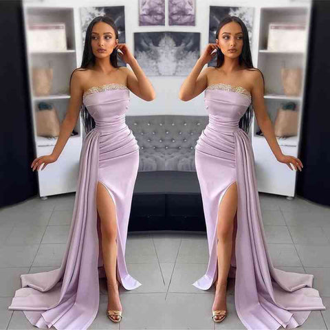 Elegant Long Mermaid Off-the-Shoulder Satin Evening Prom Dress with Slit