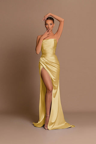 Elegant Burgundy Long Mermaid Strapless Satin Evening Dress with Slit