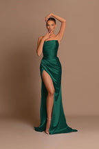 Elegant Burgundy Long Mermaid Strapless Satin Evening Dress with Slit