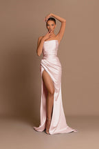 Elegant Burgundy Long Mermaid Strapless Satin Evening Dress with Slit