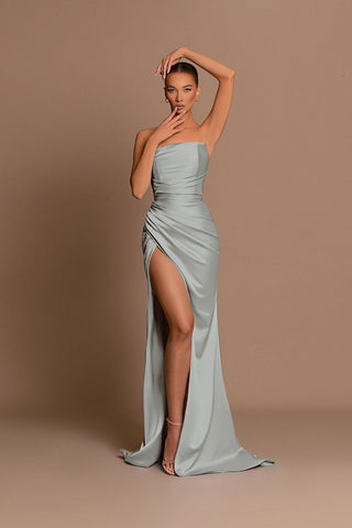 Elegant Burgundy Long Mermaid Strapless Satin Evening Dress with Slit