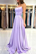 Elegante Abito da Ballo in Satin Lilla Lungo a Linea A con Spaghetti Strap e Allacciatura a Laccio