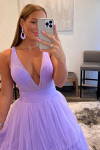 Vestido de baile comprido, elegante, sem mangas, em tule, com decote em V e corte A