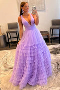 Vestido de Fiesta Formal Elegante Largo Sin Mangas en Tul con Escote en V y Corte A-line