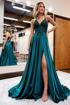 Elegant Long A-line Halter Satin Front Slit Backless Prom Dress with Pocktes