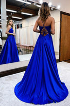 Elegant Long A-line Halter Satin Front Slit Backless Prom Dress with Pocktes