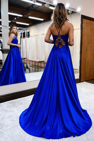 Elegantes langes A-Linien-Neckholder-Ballkleid aus Satin mit Schlitz vorne und rückenfreiem Schnitt und Taschen