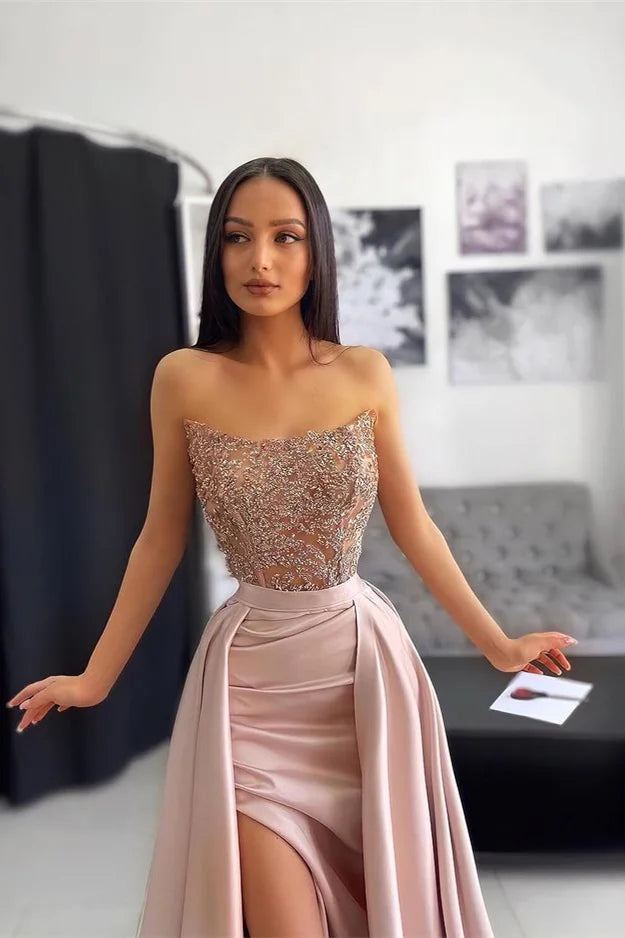 Elegantes langes ärmelloses A-Linien-Ballkleid mit Spitze und Pailletten und Schlitz