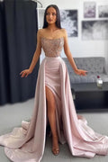 Abito da Sera Elegante Lungo a Linea A in Pizzo con Paillettes, Senza Maniche e con Spacco