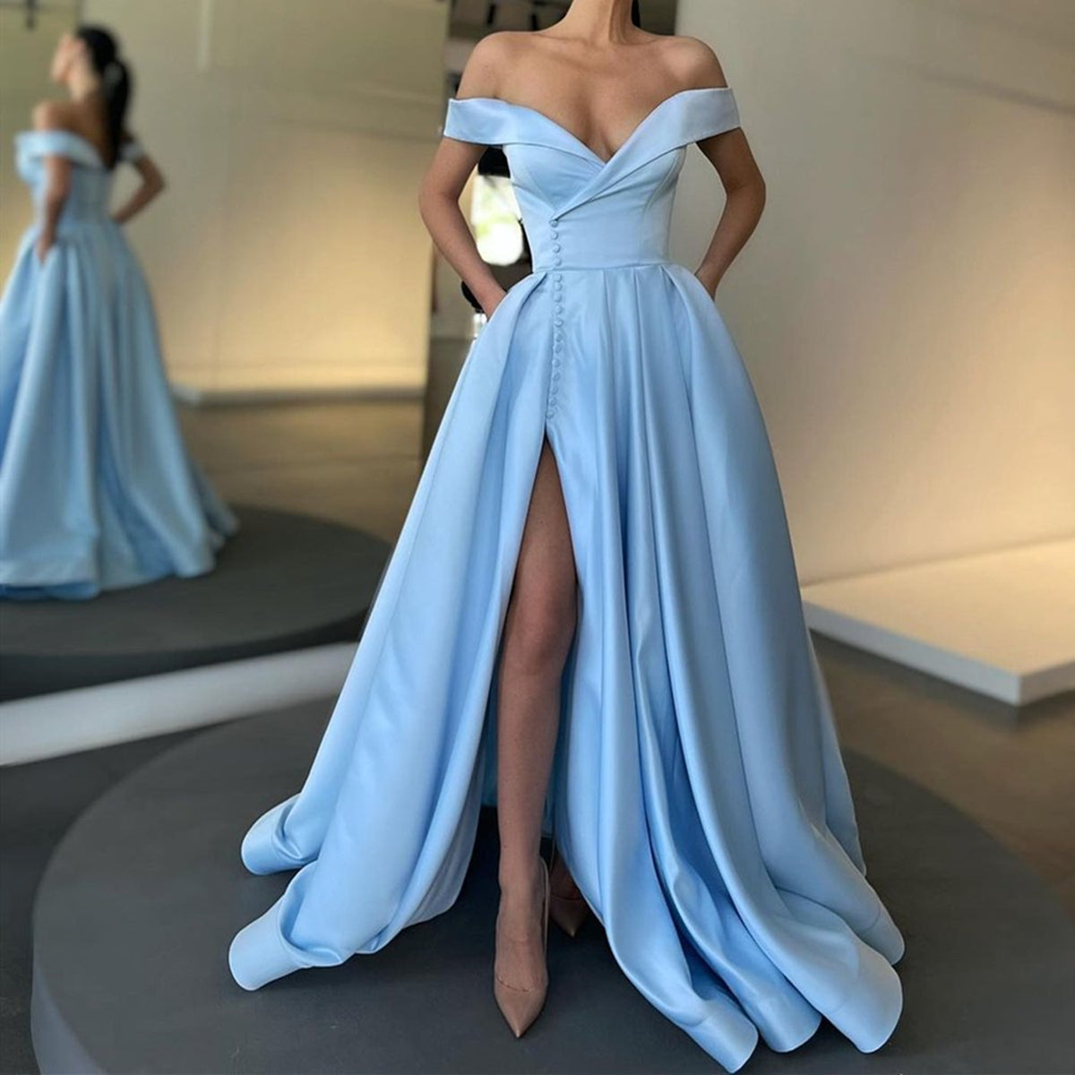 Elegant Long A-line Off the Shoulder Satin Formal Prom Dresses with Slit