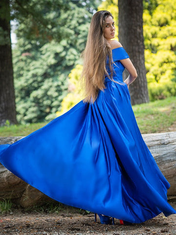 Elegant Long A-line Off The Shoulder Satin Prom Dresses with Slit