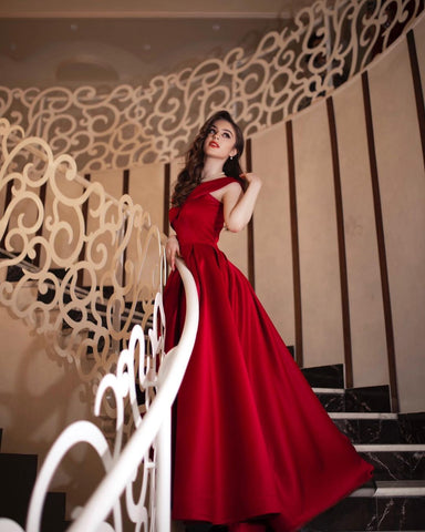 Elegant Long A-line Off-the-shoulder Satin Red Prom Dress
