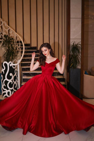 Elegant Long A-line Off-the-shoulder Satin Red Prom Dress