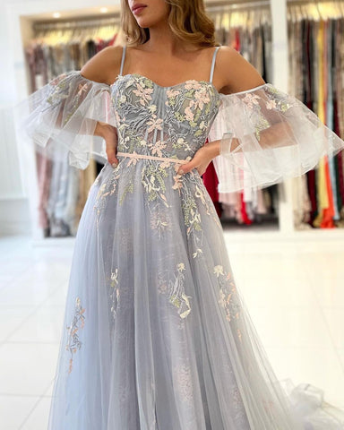 Elegant Long A-line Off the Shoulder Tulle Formal Prom Dress with Sleeves