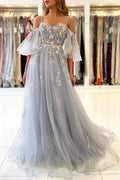 Elegante Abito da Sera Lungo a Linea A Scollato sulle Spalle in Tulle con Maniche
