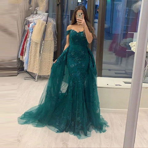 Elegant Long A-line Off-the-shoulder Tulle Lace Prom Dress