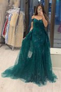 Elegantes, langes, schulterfreies A-Linien-Ballkleid aus Tüllspitze