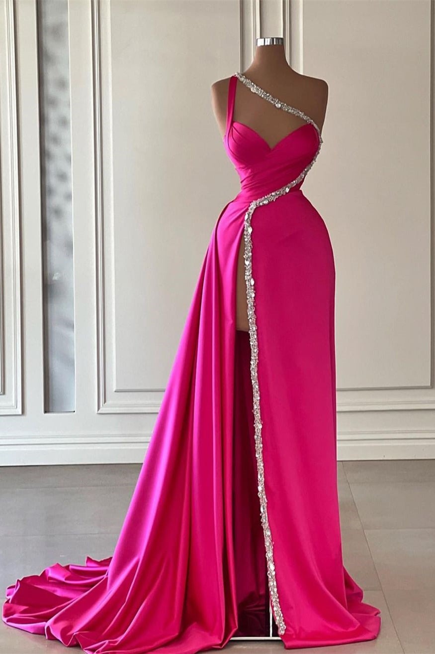 Vestido de festa comprido e elegante, de um ombro só, em forma de coração, sem mangas, em cetim com racha