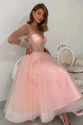 Vestido de Fiesta Elegante Largo en Línea A de Tul Rosa con Mangas Largas Color Durazno