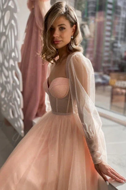 Elegantes langes A-Linien-Tüllkleid mit langen Ärmeln in Rosa Pfirsich für den Ball und festliche Anlässe