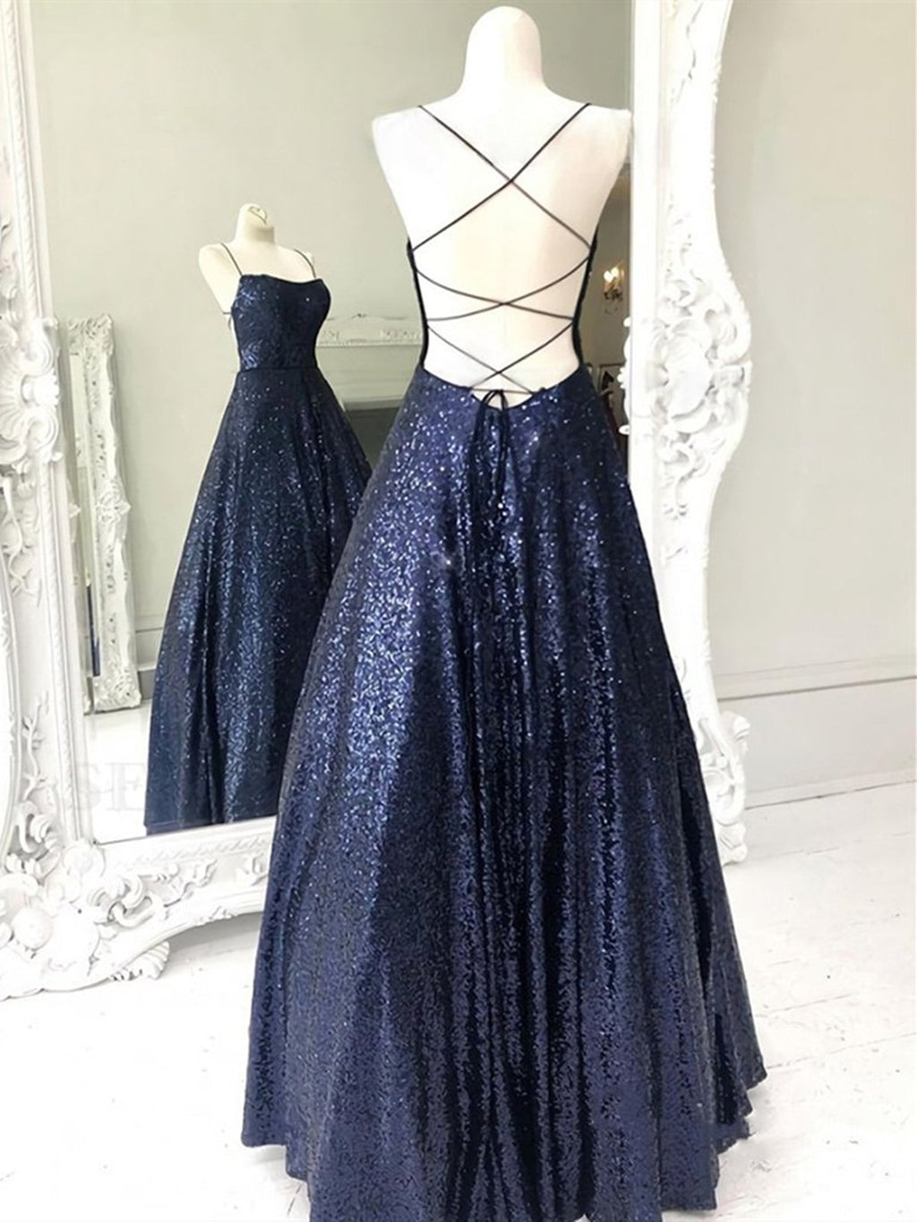 Elegant Long A-line Strapless Sequined Open Back Formal Prom Dresses