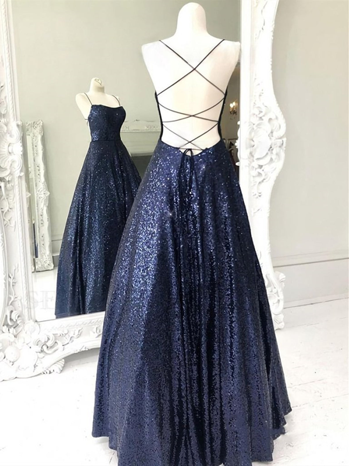 Elegant Long A-line Strapless Sequined Open Back Formal Prom Dresses