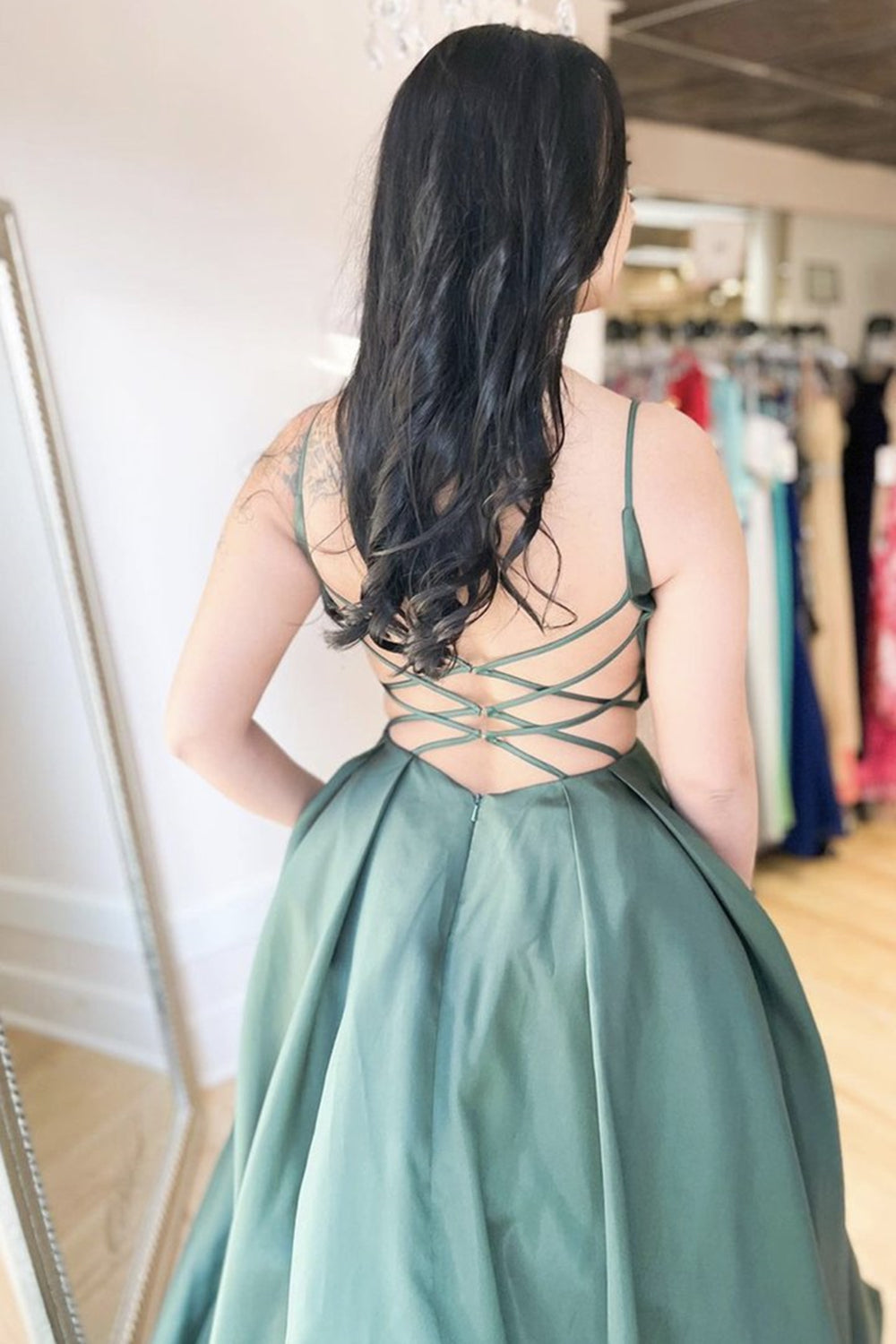 Elegant Long A Line V Neck Backless Satin Formal Prom Dresses