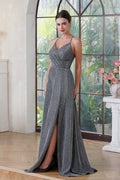 Vestido de Fiesta Elegante Largo en Línea A con Escote en V y Tirantes Halter Brillante de Seda con Abertura Lateral y Bolsillo