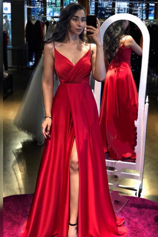 Elegant Long A-line V-neck Spaghetti Straps Prom Dress with Slit