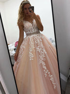 Elegant Long A-line V-neck Tulle Lace Backless Formal Prom Dresses
