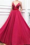 Robe de bal élégante longue en tulle avec encolure en V et coupe A