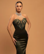 Elegant Long Halter Satin Beadings Mermaid Prom Dresses